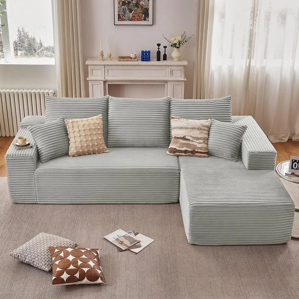 107 Grey Corduroy L-Shape Sectional Couch with Chaise and Deep Seat for Living Room or Bedroom, Sleeper Sofa, No Assembly Needed