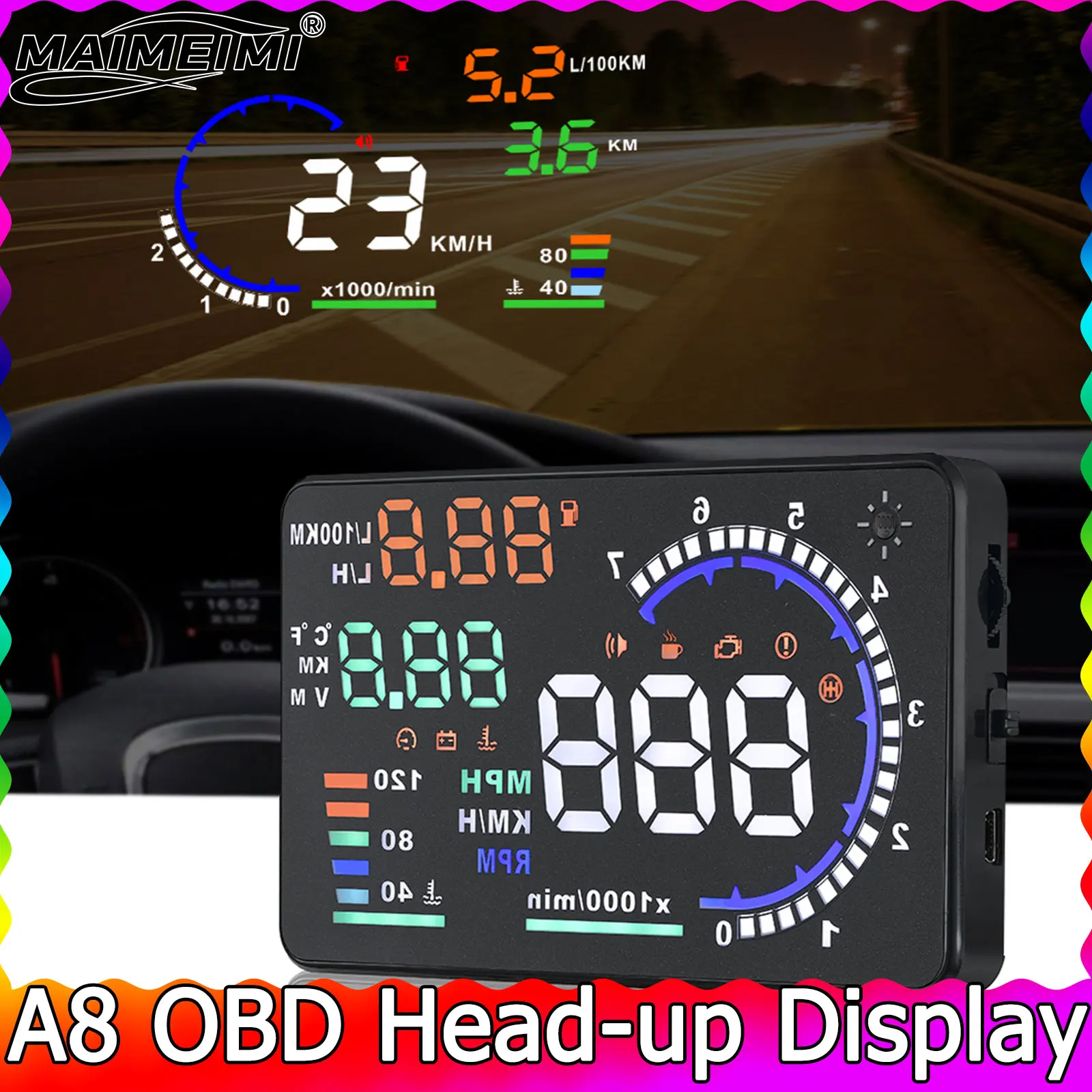 

OBD A8 Car Head Up Display 5.5'' OBD2 HUD Digital Speedometer Tachometer Windshield Projector Speed Water Temp RPM Alarm