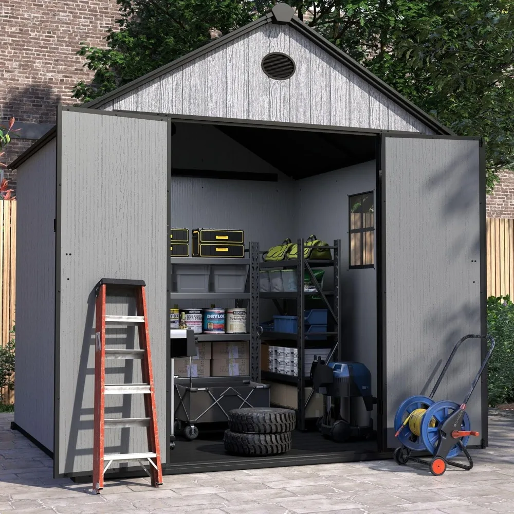 

8x8 FT resin outdoor large storage shed, garden tool shed, and outdoor storage plastic shed with flooring and side windows