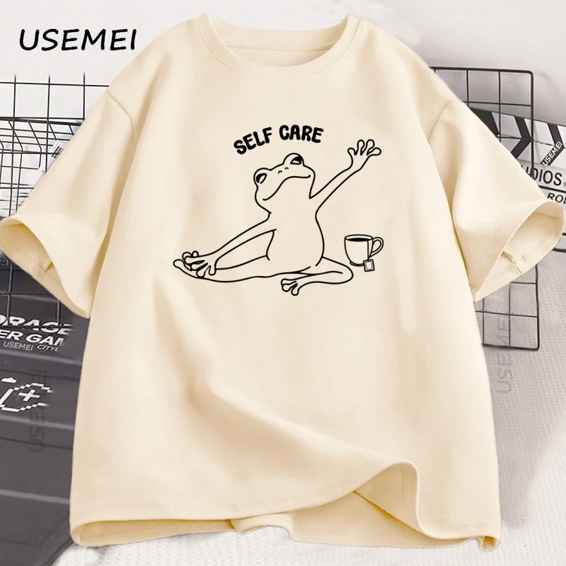 Retro Frog Self Care T-Shirt Funny Cute Frog Tshirt Casual Cotton Short Sleeve Frog Lover Gift Positive Mental Health T Shirt