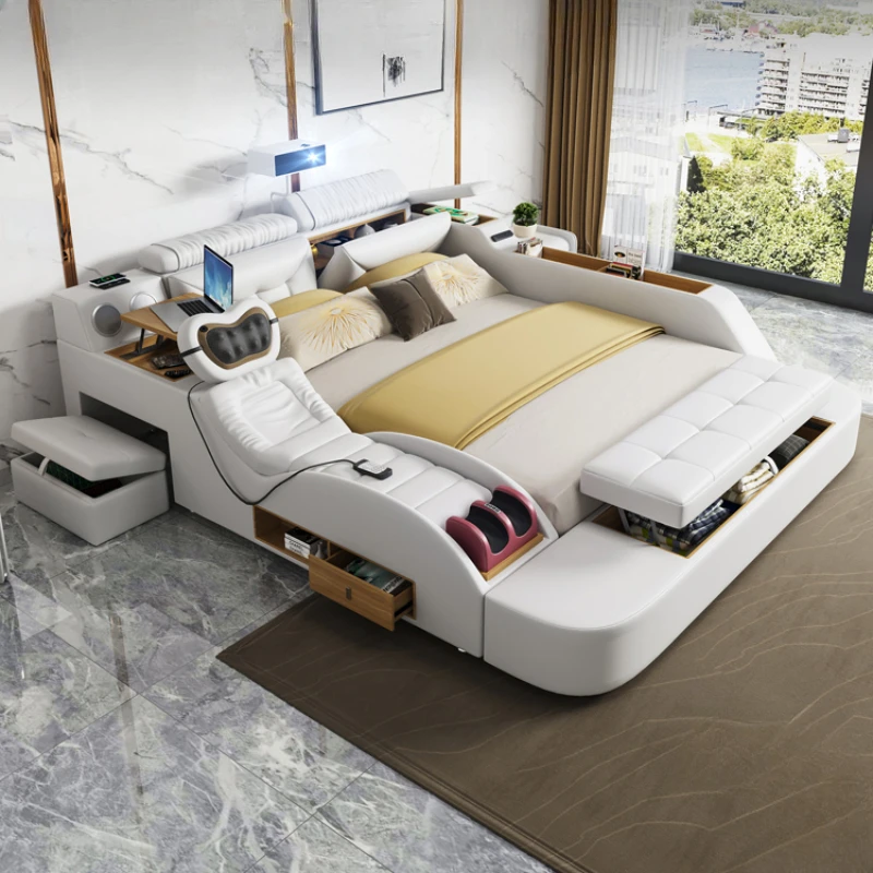 

Cute Luxury Aesthetic Double Bed Storage Queen Size Modern Bedroom Double Bed White Multifunctional Lit Deux Place Furniture