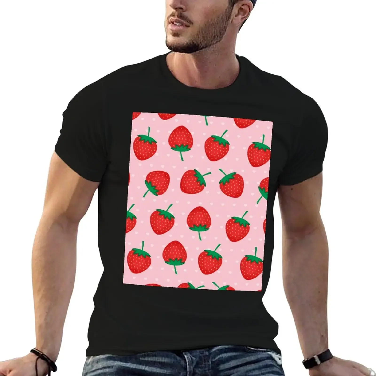 Pink Summer Strawberries Print T-Shirt baggy shirts Aesthetic clothing customs design your own men t shirt