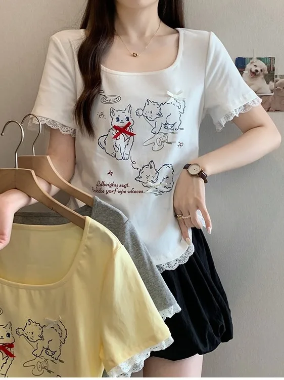 

plus Size Women's Sweet Print Splice Lace Trim Short Sleeve T-Shirt Summer New Design Sensation Top Korean Style Slim Fit Com...