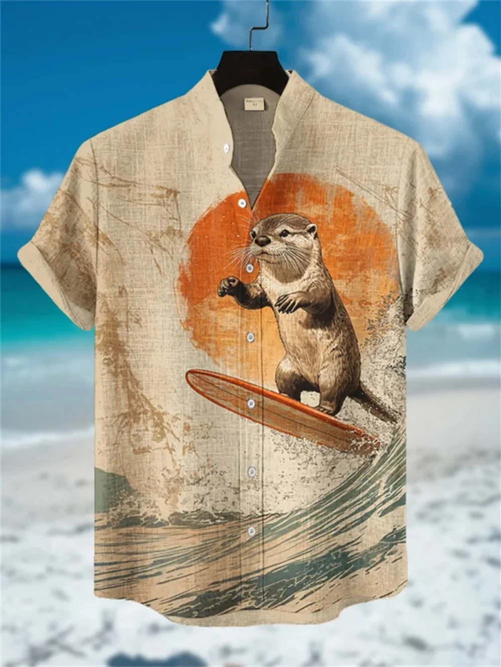 Men's Plus Size Japanese Samurai Retro Art Printed Shirt Short Sleeve Stand Up Collar Linen Urban Commuting Fashionable Clothing