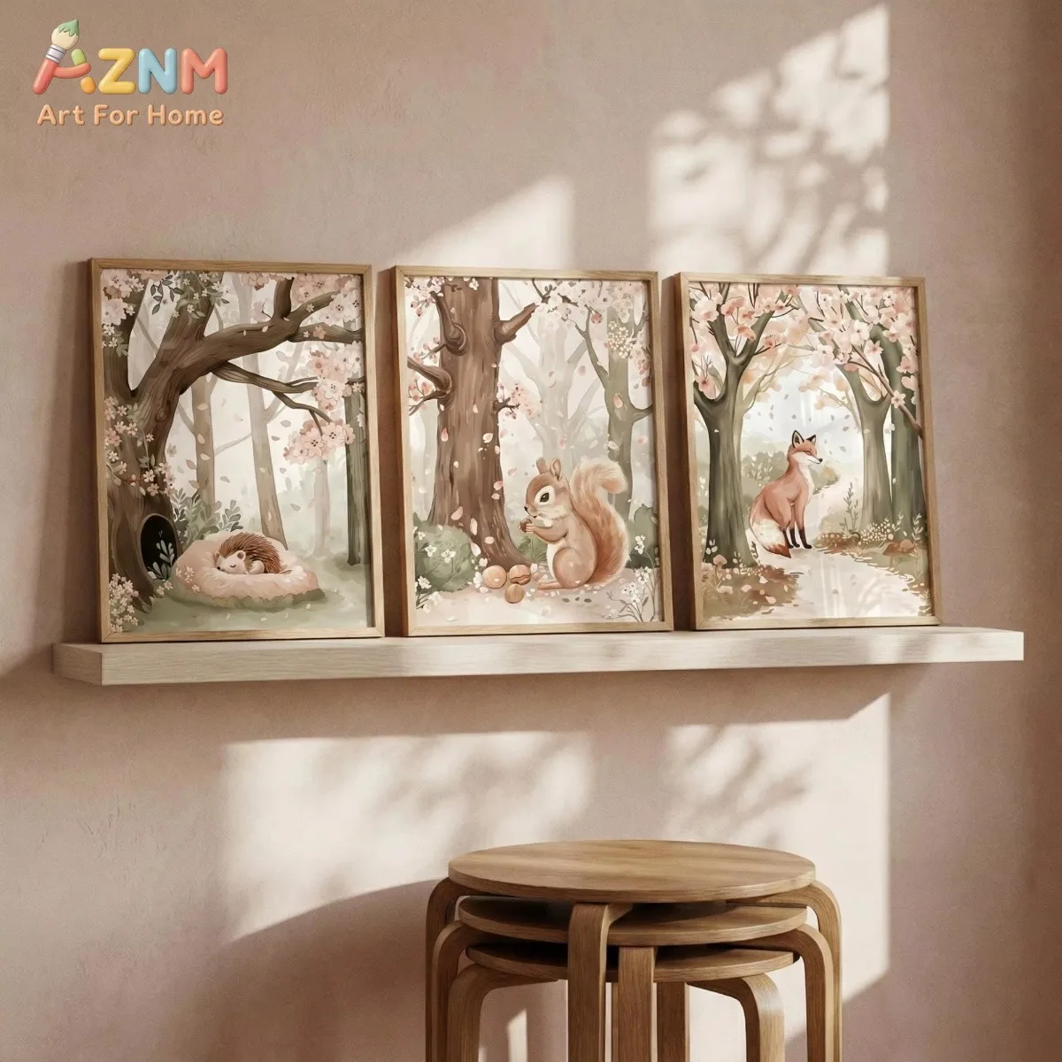 AZNM Woodland Animal Nursery Wall Art Watercolor Forest Prints Fox Hedgehog Squirrel Art Blossom Tree Decor Wall Art Gift