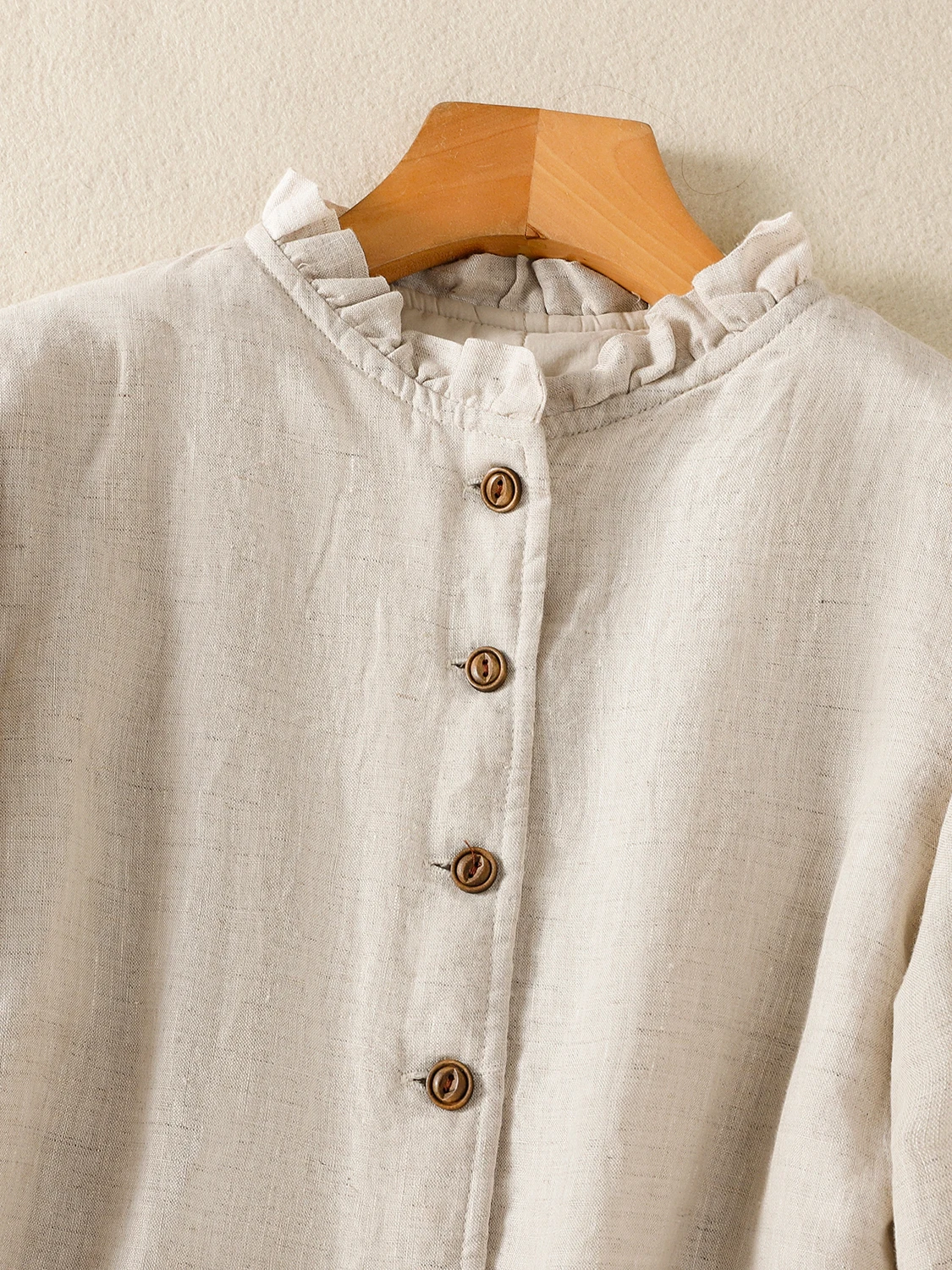 Artistic Sle Cotton Jaet with Wooden  Collar Pure Color Flax Winter New Arrival Women's Loose Fit Long Sve Coat