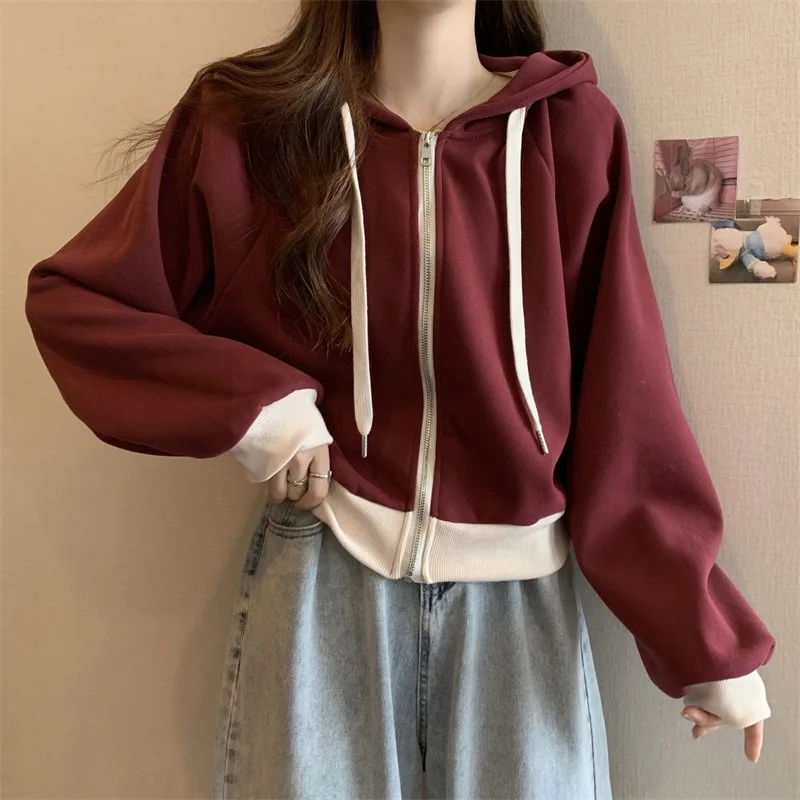 

Womens Fashion Simple Drawstring Hooded Coats Women Casual Sport Fitness Hoodie Patchwork Sweatshirt Korean Zip Retro Jackets