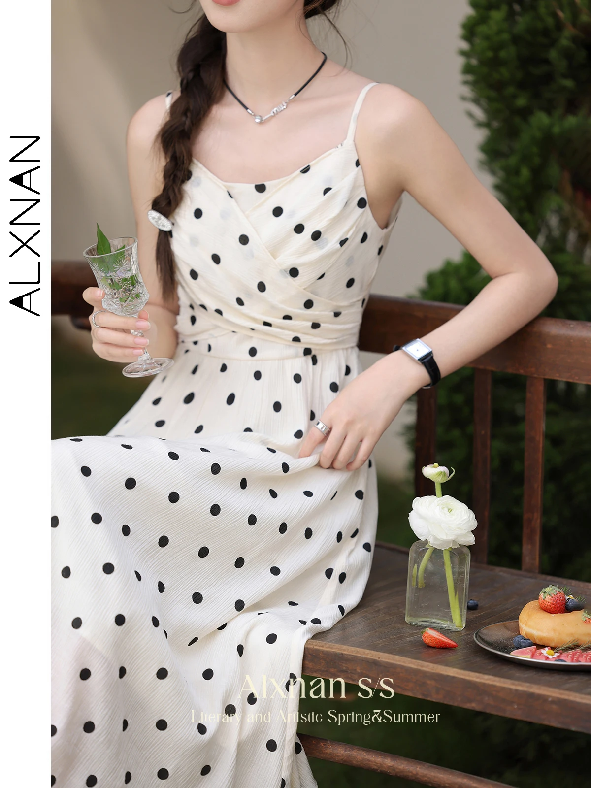 ALXNAN Summer Dot Apricot Camisole Dress for Women 2024 New French Style Elegant A-line Sleeveless Midi Dresses Clothing L33833