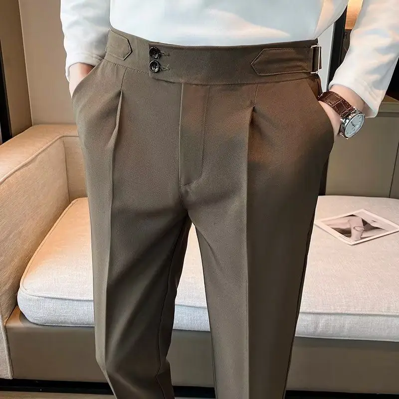 Traje de sastrería Social de cintura alta para hombre, Pantalones rectos de negocios, ropa de estilo coreano, pantalones de vestir formales de