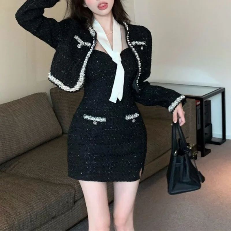 Women Autumn Korean New Wool Set Fashionable Diamond Button Spliced Sexy Sling Dress Short Skirt Long Sleeved Coat Two Piece Set