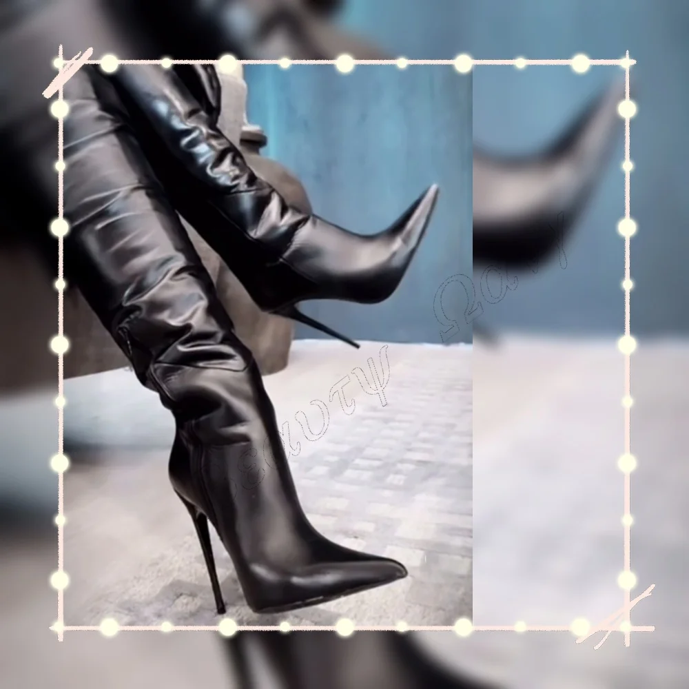 

Black Side Zipper Boots Solid Knee High 12 cm Shallow Heels Concise Women Cover Heel Shoes for Women 2025 Zapatos Para Mujere