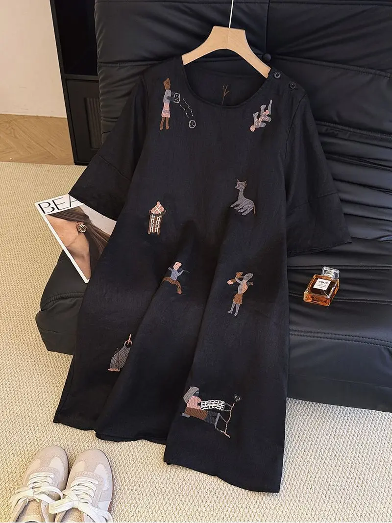 Vestido retrô de linho bordado com manga de cinco quartos estilo chinês solto simples gola redonda pulôver vestidos de camiseta