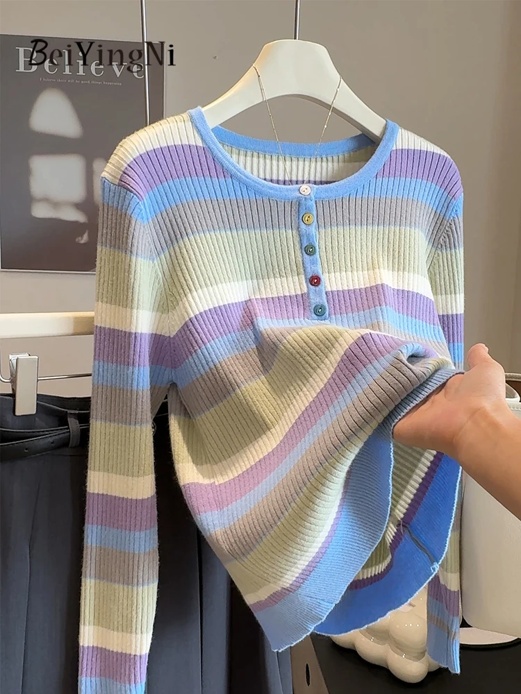 

Beiyingni осенне-зимний корейский свитер женский полосатый красочный пуговицы базовые вязаные топы женские шикарные кавайные тонкие пуловеры в стиле ретро