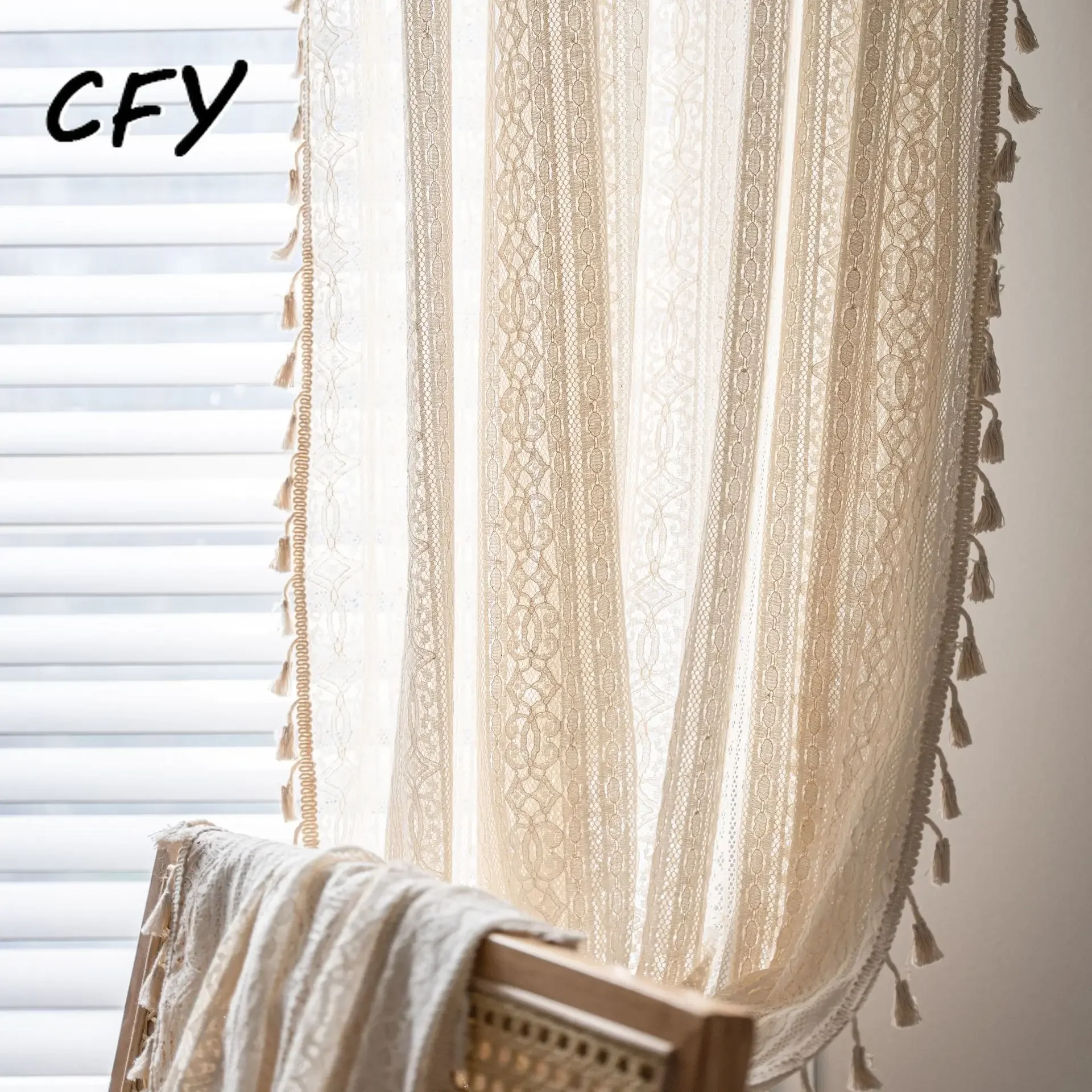 

American Solid Rose Crochet Knit Hollowing Curtains with Tassel for Bedroom Drape Semi-shading Curtains In The Living Room