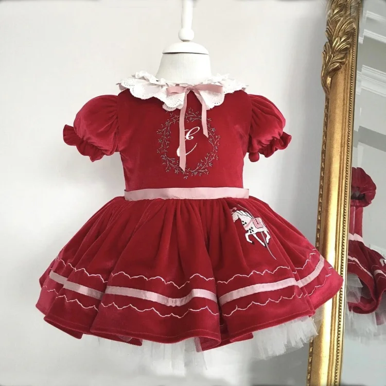 Baby Girl Autumn Winter Red Velvet Horse Embroidery Vintage Princess Ball Gown Dress for Birthday Holiday Casual Eid Christmas