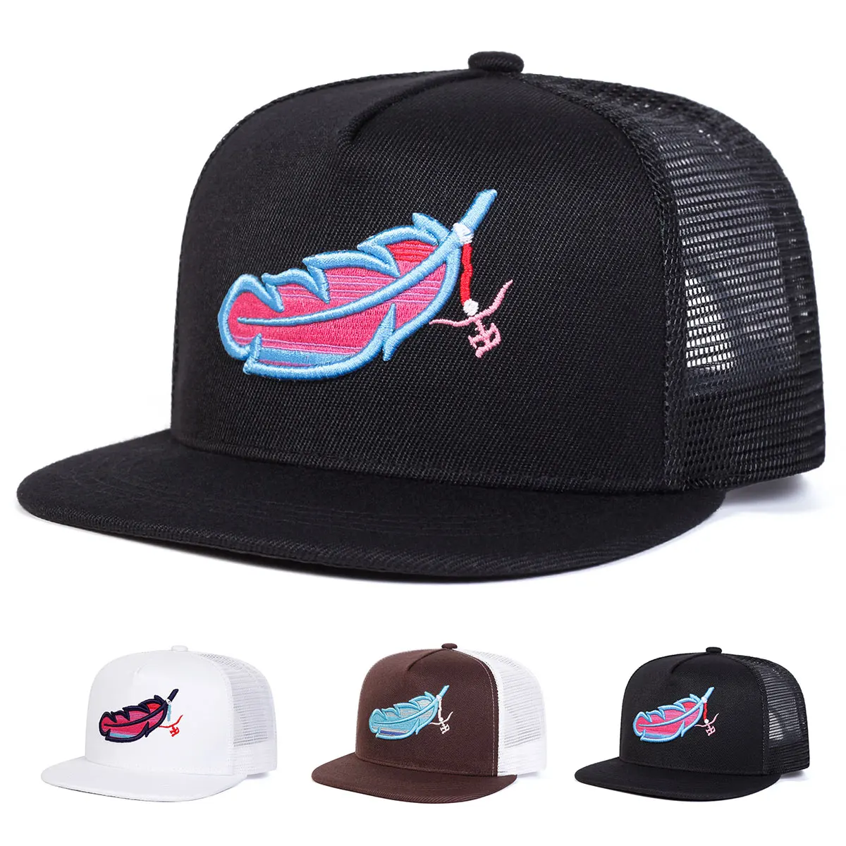 Unisex Bunte Feder-Stickerei Hip-Hop Netzkappen Frühling Sommer Outdoor Verstellbare Lässige Baseballkappen Sonnenschutzhut