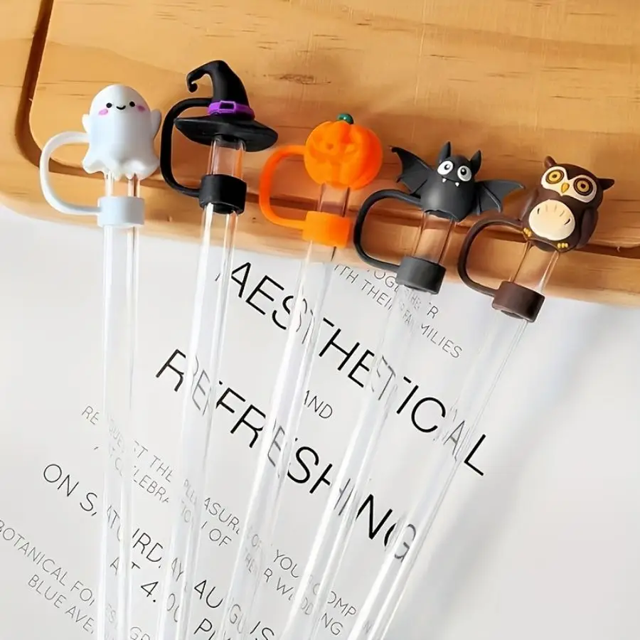 Halloween Silicone Straw Cover: Cute Ghost, Bat, Witch Hat and Pumpkin Design - Suitable for 10mm Straw