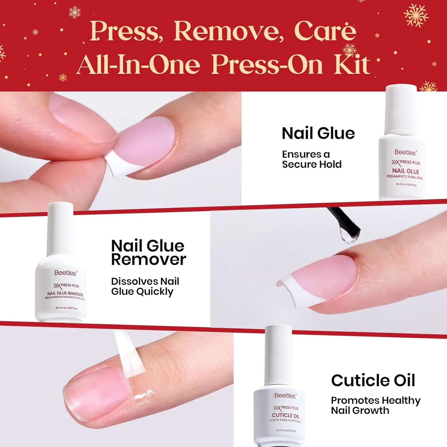 Krótki zestaw paznokci sztucznych w stylu french press-on, kształt migdałek, z 224 tipsami, klejem, płynem do usuwania, top coatem i mini lampką - prezent do samodzielnego manicure