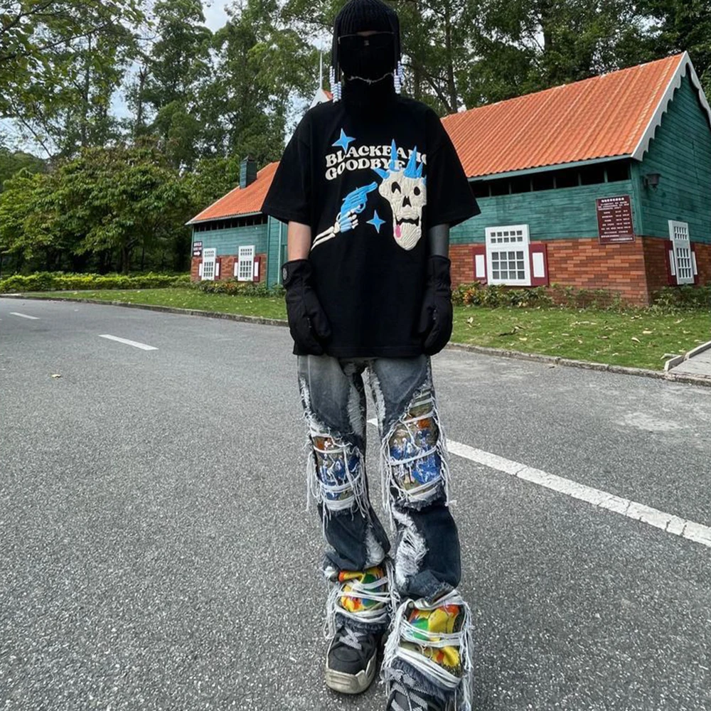 Embroidery Loose Patchwork Straight Wide Leg  Ripped Jeans Men Bleached Gradient Hip Hop Color Contrast Hole Hollow Out