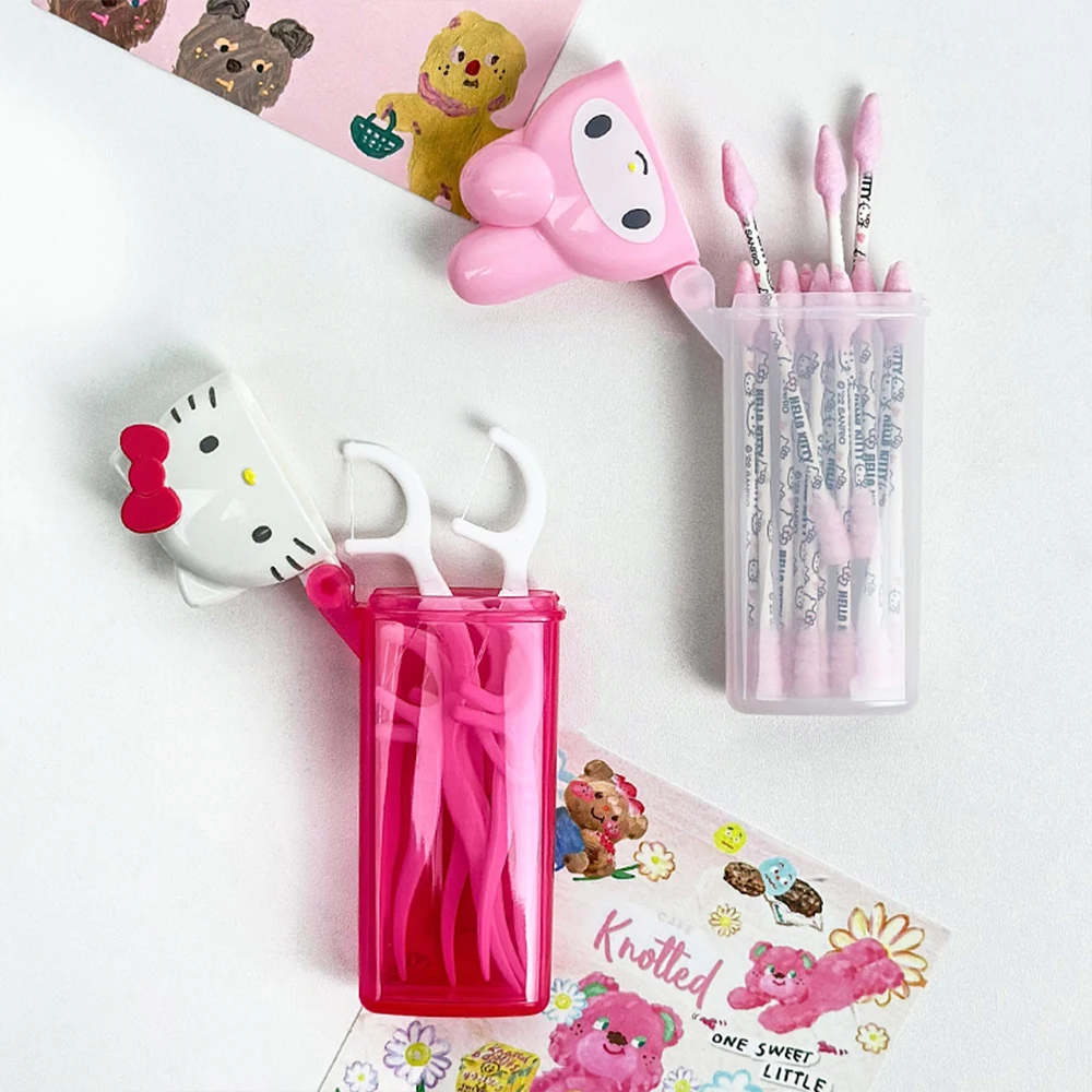 Caixa Organizadora Hello Kitty Melody Sanrio Desenho Animado Gato KT com Tampa Articulada para Cotonetes, Band-Aids e Fio Dental - Presentes para Meninas