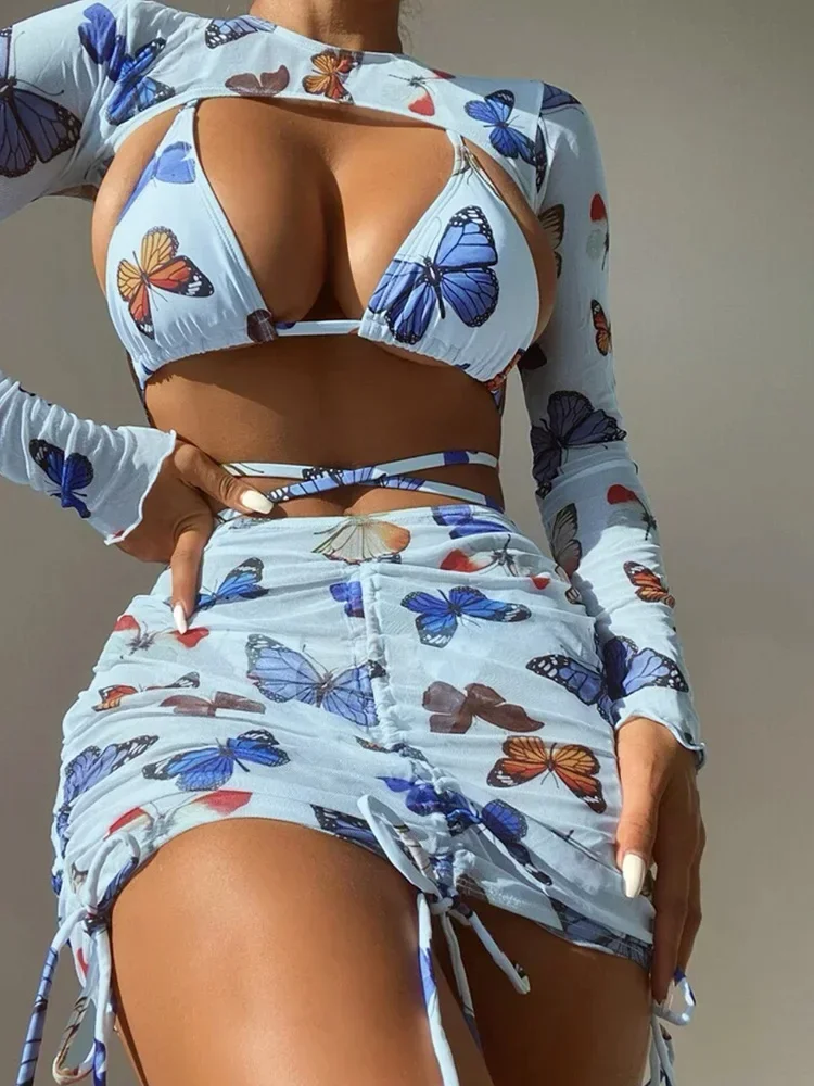 4 pçs saia de malha manga longa biquíni feminino maiô de quatro peças conjunto de biquíni envoltório em torno do maiô nadar beachwear