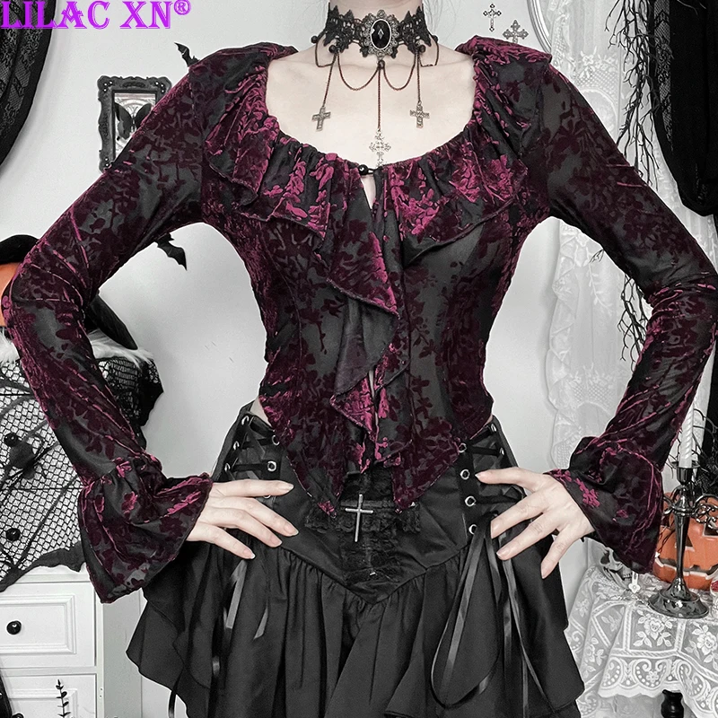 

Goth Sexy Lace See Through Long Sleeve Button T-Shirts Y2K Plant Pattern Ruffles Corset Crop Tops Women Autumn Fashion Tees