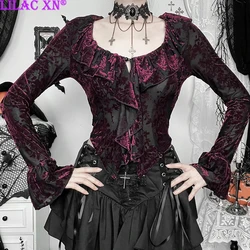 Goth Sexy Lace See Through Long Sleeve Button T-Shirts Y2K Plant Pattern Ruffles Corset Crop Tops Women Autumn Fashion Tees