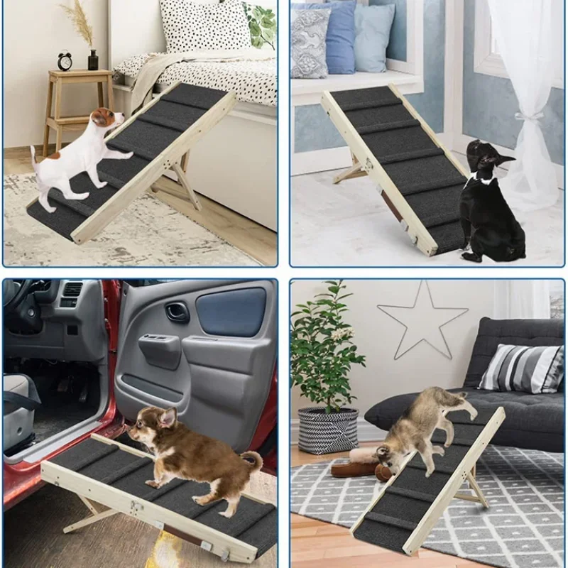 Wooden Folding Dogs Stairs Adjustable Height Indoor Dog Ladder Portable Footstep Puppy Outdoor Climbing Slope Stair Dog Supplies