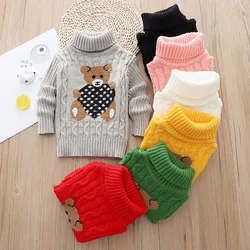 D2L Autumn Winter Baby Boys Girls Turtleneck Sweater Bear Pattern Kids Pullover Top Solid Color Knit Sweaters Children Clothes