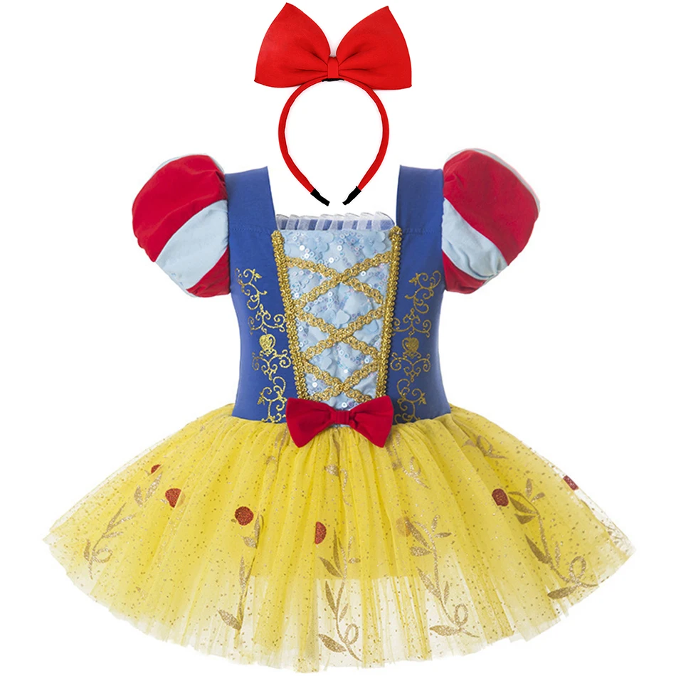

3-8 Yrs Girls Dancing Dress Snow White Princess Theme Luxury Sequin Frocks Stage Performance Clothes Tulle Tutu Training Clothes