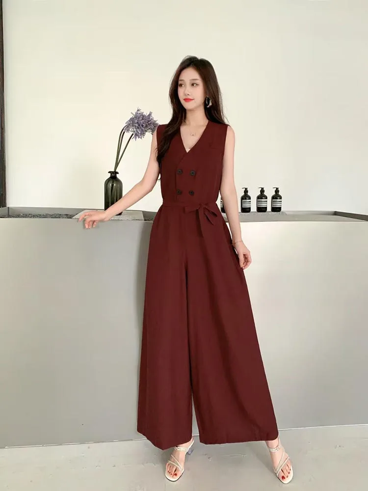 

Women's Summer Light Mature Lace-Up High Waist Wide Leg Bodysuit Pants Double-Breasted V-Neck Sleeveless Casual Jumpsuit