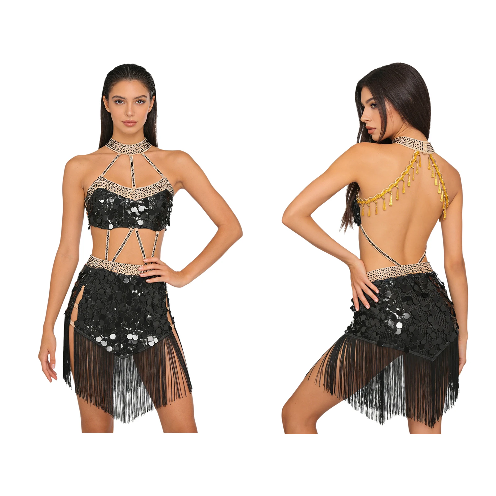 

Women Glittery Sequins Fringed Latin Tango Performance Costume Backless Tassel Hem Bodysuits Halter Cha-cha Rumba Samba Dress