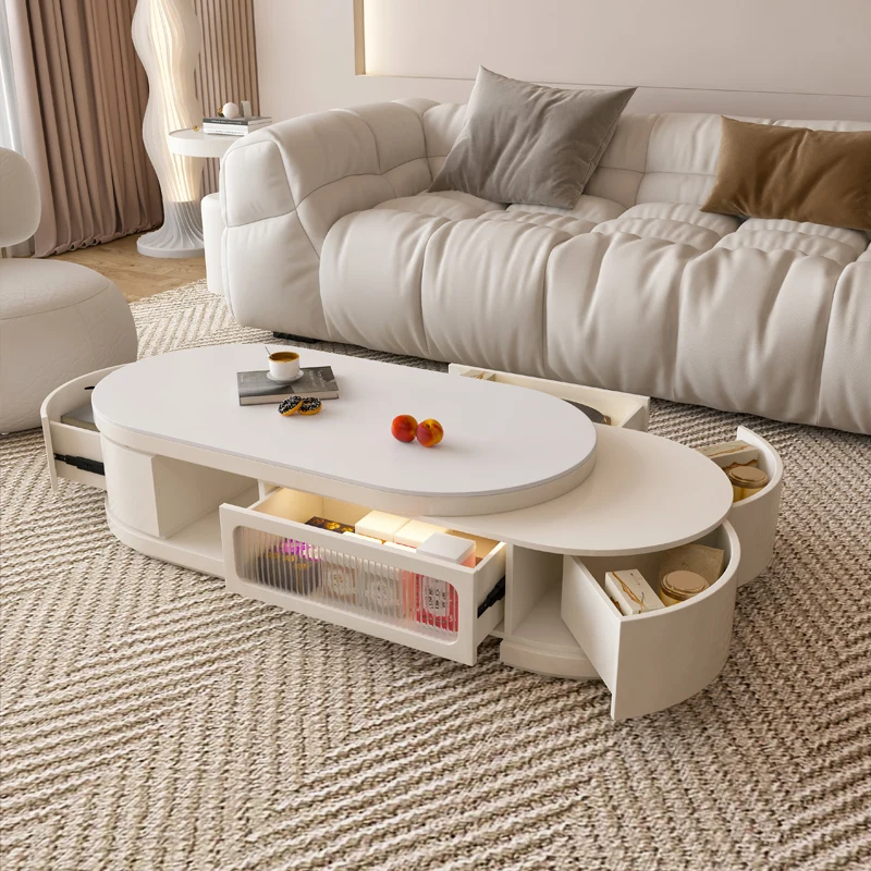 

Cream wind retractable rock slab coffee table TV cabinet combination small apartment living room home simple and modern