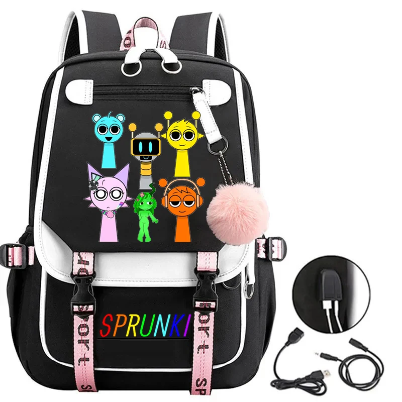 New Sprunki School Bags Teenager USB Charging Laptop Backpack Boys Girls Student Book Bag Incredibox Game Travel Bag Best Gift