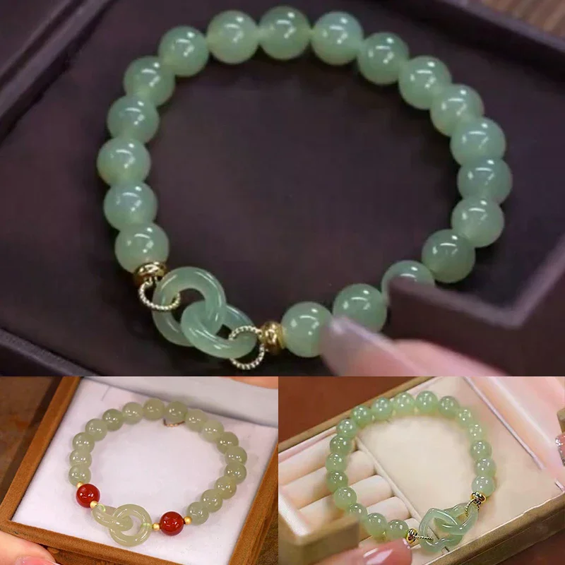 Fashion Double Ring Interlocking Hetian Jade Beaded Bracelet Female Ins Style Love Safety Buckle Bangle For Bestie Birthday Gift