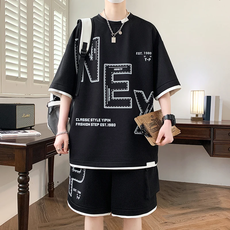 2024 New Fashion Summer Men\'s T-shirt Set Trendy Short Sleeves Suit Oversized Loose-fit Solid Color Printing Men Clothing