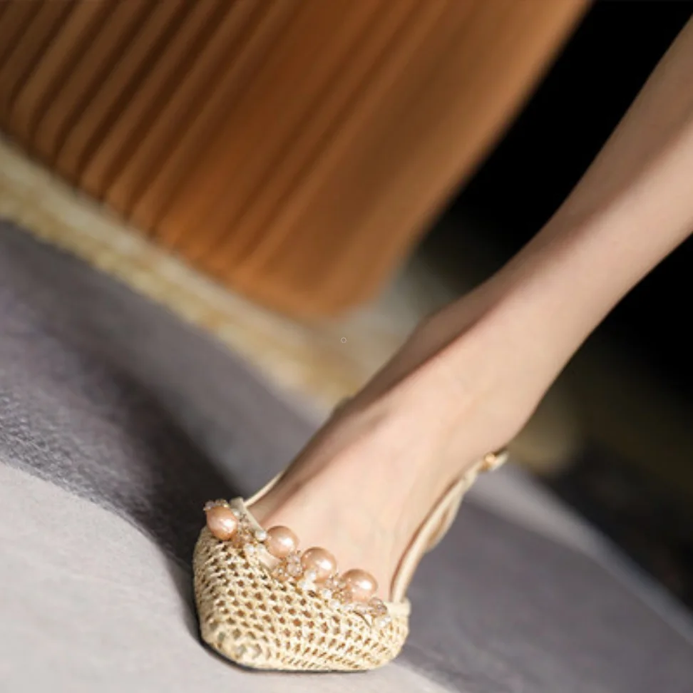 High Heel Summer Shoes Woman Elegant Wedding Party Pumps French Style Vintage Slinbacks Spring Autumn Weave Pumps With Pearls