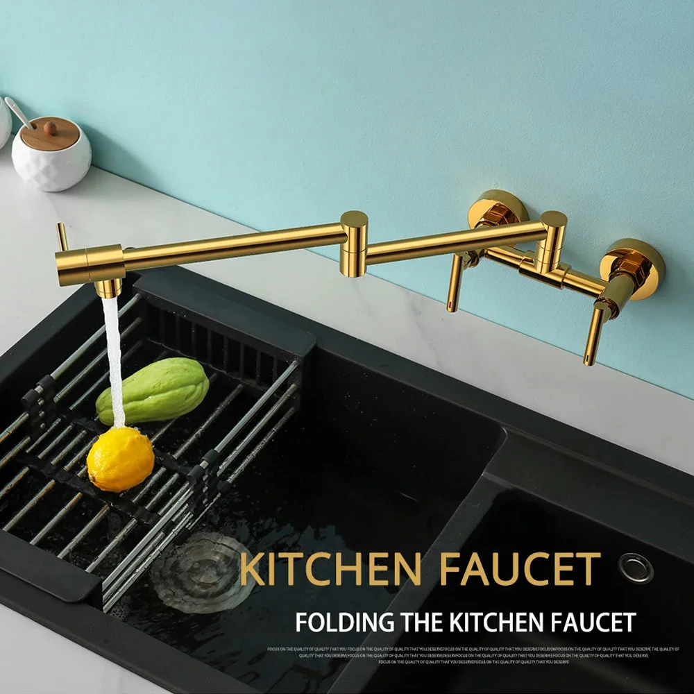 Pot Filler Faucet Wall Mounted Kitchen Mixer Solid Brass Swivel Spout Hot And Cold Water With Dual Handle