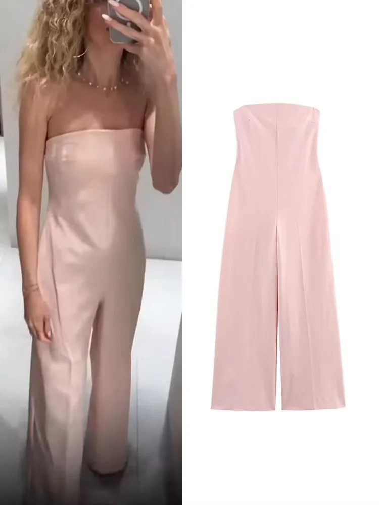 

TFMLN New Women Strapless Jumpsuit 2025 Casual Simple Off Shoulder Retro Jumpsuit Waist Solid Wide Leg Jumpsuit For Women