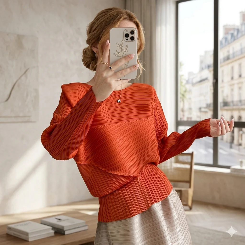 

Женская плиссированная футболка Miyake 2026: свободный крой, длинный рукав, персонализированный дизайн, топ с пеплумом, простая, премиальная, элегантная плиссированная одежда