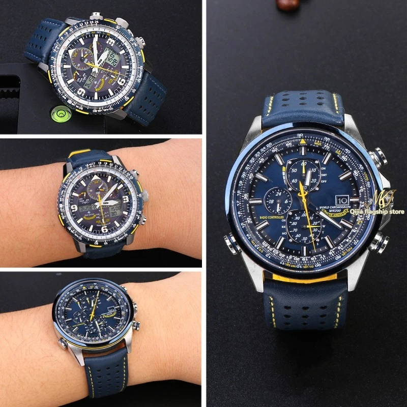 

22mm 23mm Blue Angel Style Leather Watch Band for Citizen AT8020-03L AT8020-54L | Curved End Waterproof Cowhide Strap | Men's