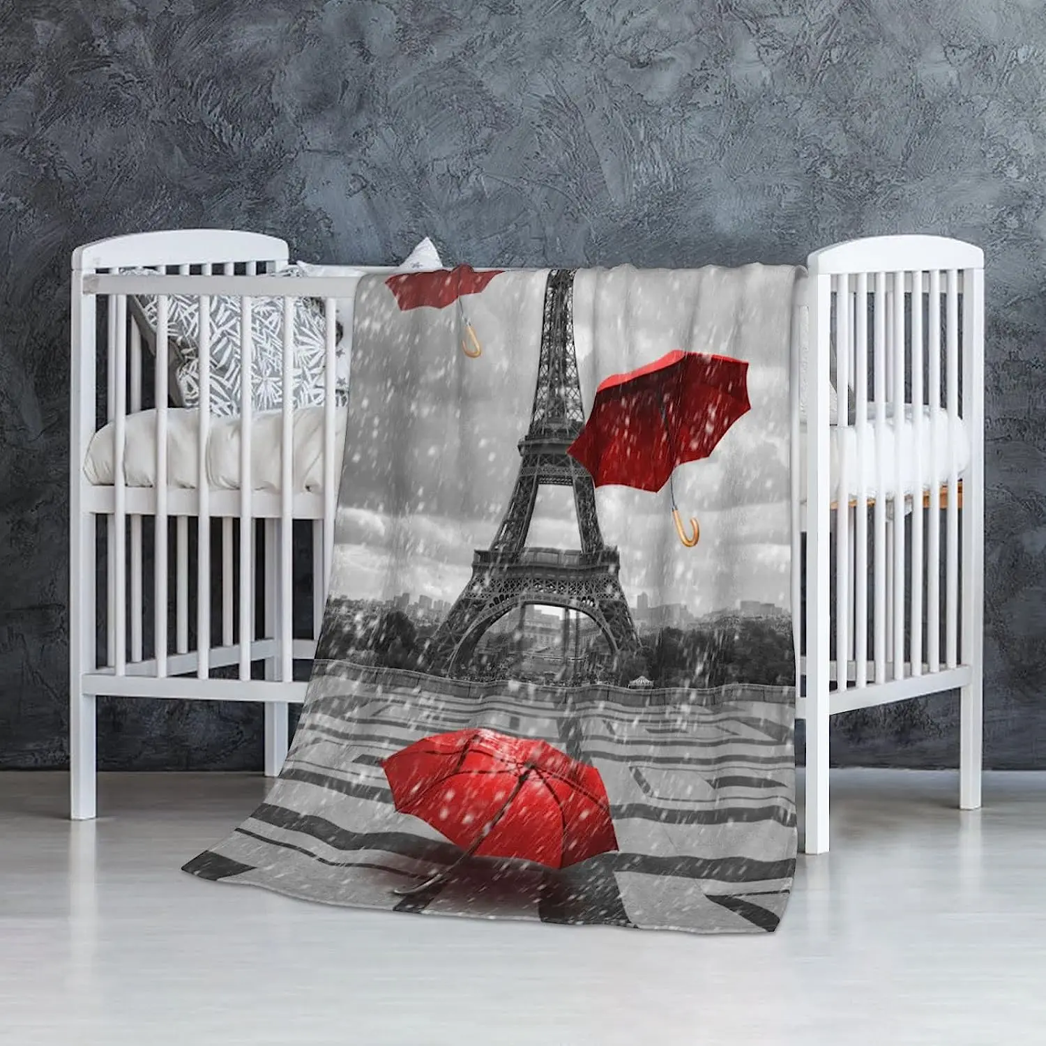 Eiffel Tower Throw Blanket With Flying Umbrellas Famous Landmark Black And White With Red Element Throw Blanket Bed