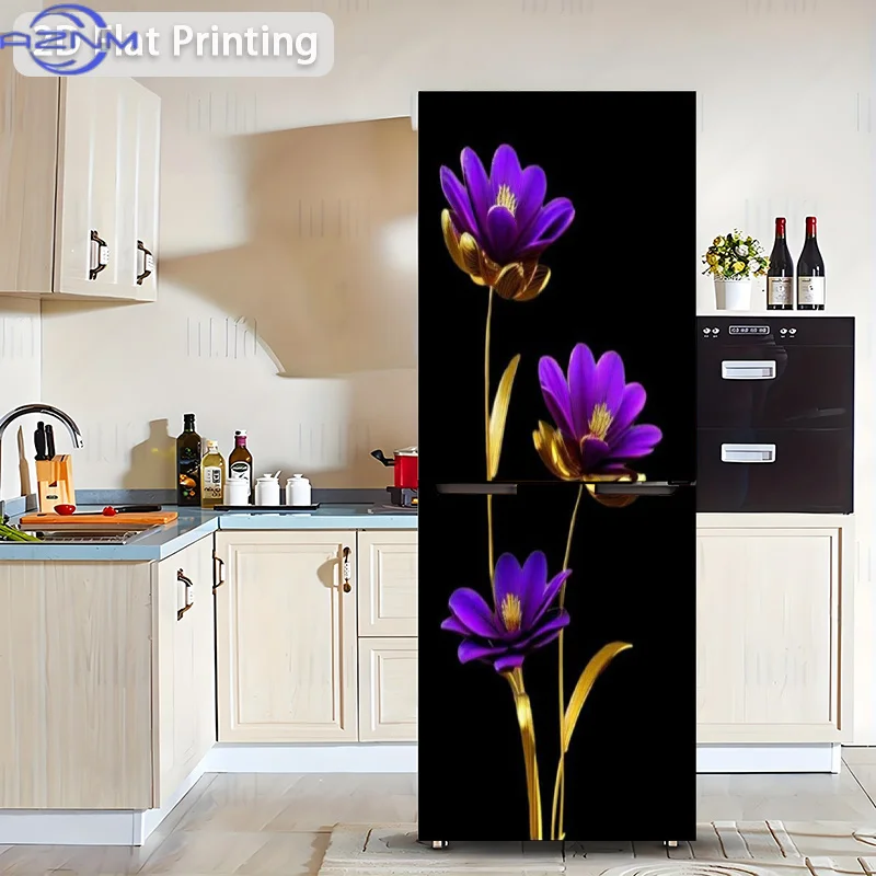 1pc 2D Printed Refrigerator Sticker, , Purple Flower with Golden Stem Pattern, Self-Adhesive Wall Decal Wallpaper, Suitable fo
