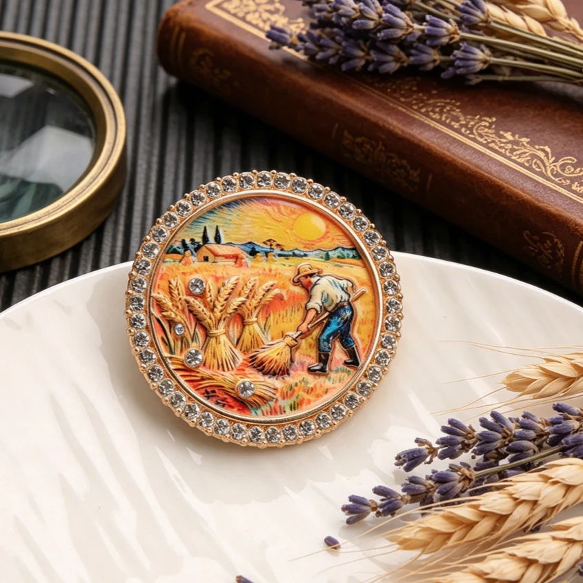 Vintage Oil Painting Art Wheat Field Enamel Brooch "The Reaper" Lapel Pin Rhinestone Jewelry Gift for Women Men Round Badges view 4