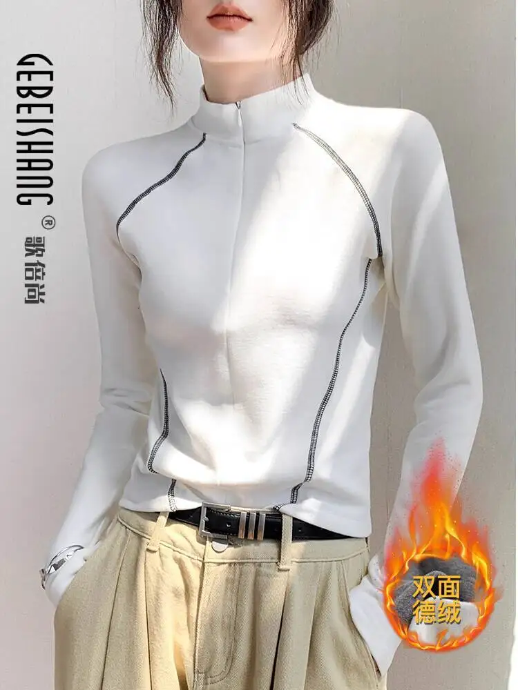 

Women Base Layer 2025 New Zipper Mock Neck Thermal Top Women's Slim Fit White Fleece Warm Versatile Base Layer For Autumn Winter