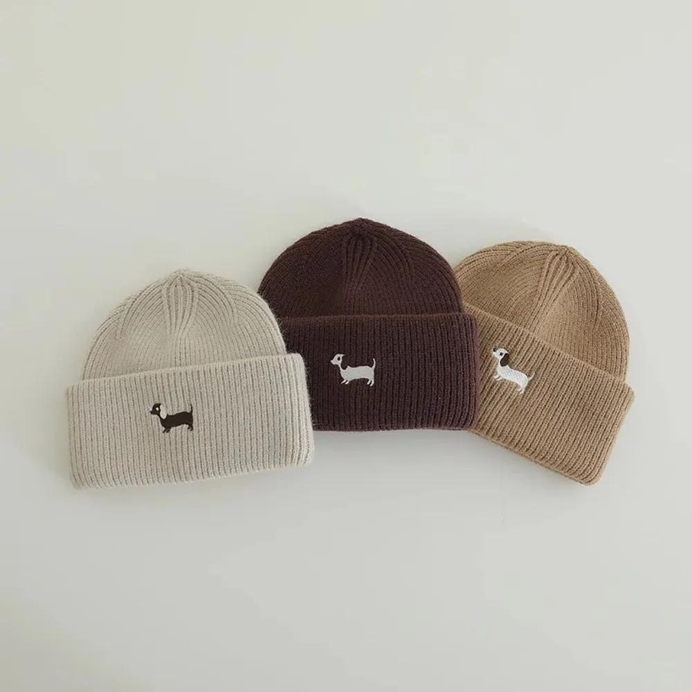 

New Cartoon Puppy Winter Hat Embroidered Knitted Warm Pullover Cap Thickened Solid Color Infant Toddler Beanie Boys Girls