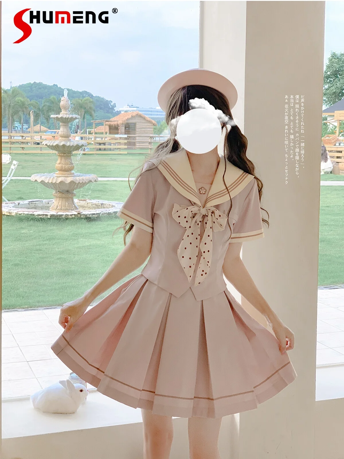 

Japanese Preppy Style JK Uniform Sweet Pink Sailor Collar Short Sleeve Single-Breasted Top High Waist A-line Pleated Skirt Women