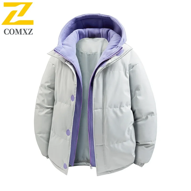 COMXZ 2025 Autumn Winter Two Piece Hooded Cotton Jacket Mens utdoor Sports Casual Loose Fit Thick Warm Solid Color Fashion Coat