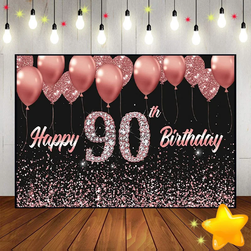 

Happy 90th Birthday Party Decorations Photography Backdrop Banner 90 Birthday Supplies Gold Pink Background Banner Poster