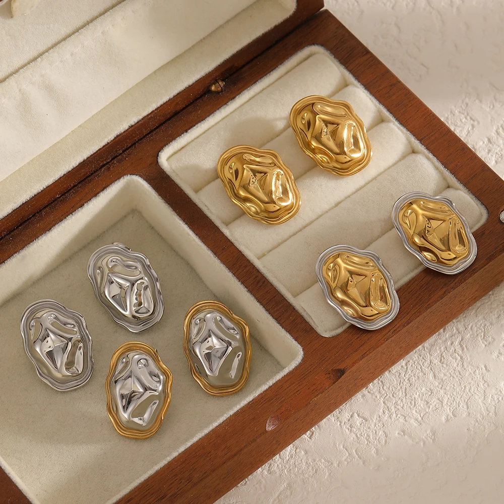 빈티지 타원형 불규칙 해머드 스터드 귀걸이 스테인리스 스틸 18K 금도금 패션 쥬얼리 여성용 귀 액세서리